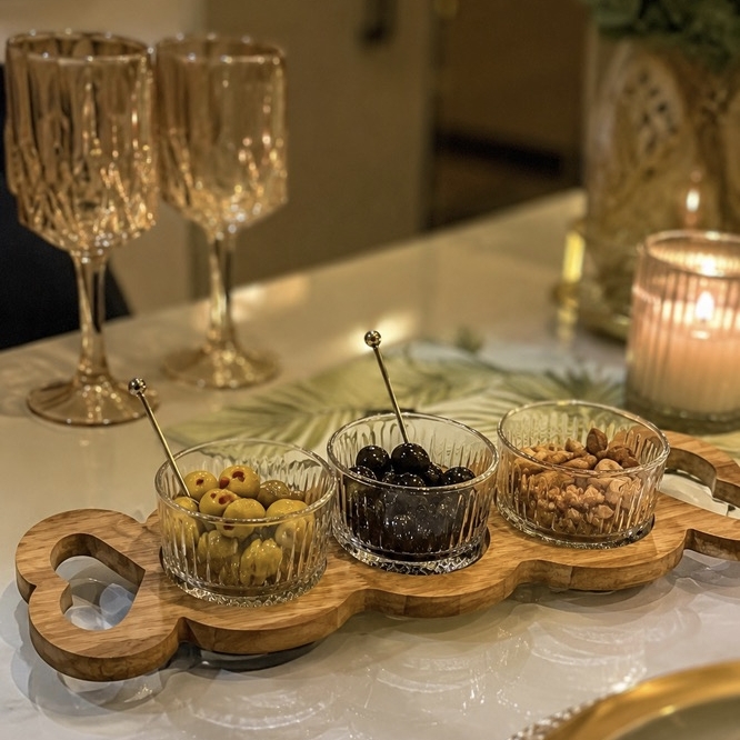 اردوخوری سه تایی شیشه پایه چوب