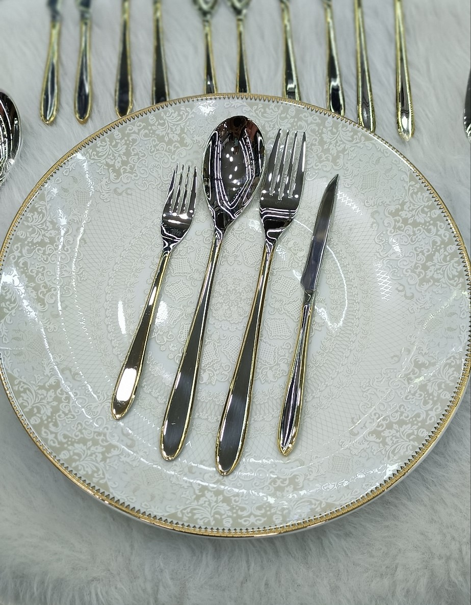 سرویس قاشق چنگال۱۲۰ پارچه دهنه اروپایی نیمه طلایی